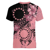 Cook Islands Turtle Women V-Neck T-Shirt Stars and Hibiscus - Pink LT01 - Polynesian Pride