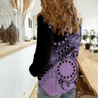 Cook Islands Turtle Women Casual Shirt Stars and Hibiscus - Purple