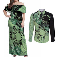Cook Islands Turtle Couples Matching Off Shoulder Maxi Dress and Long Sleeve Button Shirt Stars and Hibiscus - Green LT01 Green - Polynesian Pride