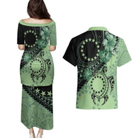 Cook Islands Turtle Couples Matching Puletasi and Hawaiian Shirt Stars and Hibiscus - Green LT01 - Polynesian Pride