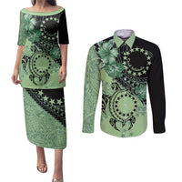 Cook Islands Turtle Couples Matching Puletasi and Long Sleeve Button Shirt Stars and Hibiscus - Green LT01 Green - Polynesian Pride