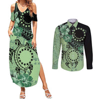 Cook Islands Turtle Couples Matching Summer Maxi Dress and Long Sleeve Button Shirt Stars and Hibiscus - Green LT01 Green - Polynesian Pride