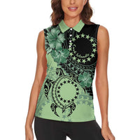 Cook Islands Turtle Women Sleeveless Polo Shirt Stars and Hibiscus - Green