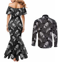 Grayscale Monstera Couples Matching Mermaid Dress and Long Sleeve Button Shirt Polynesian Tribal Pattern - Polynesian Pride