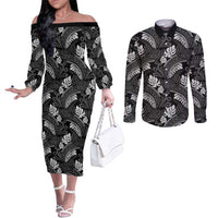 Grayscale Monstera Couples Matching Off The Shoulder Long Sleeve Dress and Long Sleeve Button Shirt Polynesian Tribal Pattern LT01 Black - Polynesian Pride