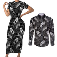 Grayscale Monstera Couples Matching Short Sleeve Bodycon Dress and Long Sleeve Button Shirt Polynesian Tribal Pattern LT01 Black - Polynesian Pride