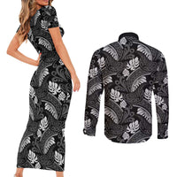 Grayscale Monstera Couples Matching Short Sleeve Bodycon Dress and Long Sleeve Button Shirt Polynesian Tribal Pattern LT01 - Polynesian Pride