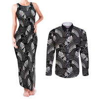 Grayscale Monstera Couples Matching Tank Maxi Dress and Long Sleeve Button Shirt Polynesian Tribal Pattern - Polynesian Pride
