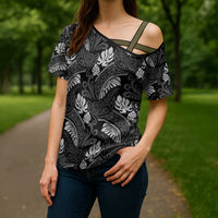 Grayscale Monstera Cross Shoulder Shirt Polynesian Tribal Pattern LT01 - Polynesian Pride