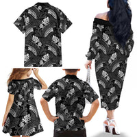 Grayscale Monstera Family Matching Off The Shoulder Long Sleeve Dress and Hawaiian Shirt Polynesian Tribal Pattern - Polynesian Pride