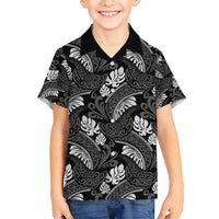 Grayscale Monstera Family Matching Puletasi and Hawaiian Shirt Polynesian Tribal Pattern LT01 Son's Shirt Black - Polynesian Pride