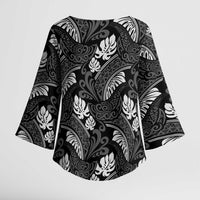 Grayscale Monstera Kimono Sleeve Blouse Polynesian Tribal Pattern LT01 - Polynesian Pride