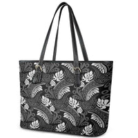 Grayscale Monstera Leather Tote Bag Polynesian Tribal Pattern - Polynesian Pride