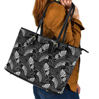 Grayscale Monstera Leather Tote Bag Polynesian Tribal Pattern - Polynesian Pride