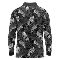 Grayscale Monstera Long Sleeve Polo Shirt Polynesian Tribal Pattern LT01 - Polynesian Pride