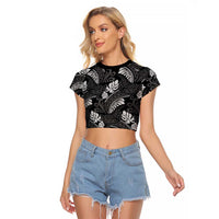 Grayscale Monstera Raglan Cropped T Shirt Polynesian Tribal Pattern LT01 Female Black - Polynesian Pride