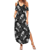 Grayscale Monstera Summer Maxi Dress Polynesian Tribal Pattern - Polynesian Pride
