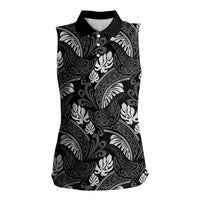 Grayscale Monstera Women Sleeveless Polo Shirt Polynesian Tribal Pattern LT01 Female Black - Polynesian Pride