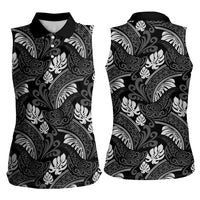 Grayscale Monstera Women Sleeveless Polo Shirt Polynesian Tribal Pattern LT01 - Polynesian Pride