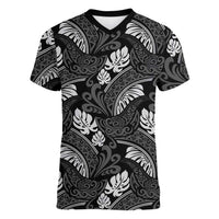 Grayscale Monstera Women V-Neck T-Shirt Polynesian Tribal Pattern LT01 Female Black - Polynesian Pride