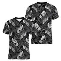Grayscale Monstera Women V-Neck T-Shirt Polynesian Tribal Pattern LT01 - Polynesian Pride