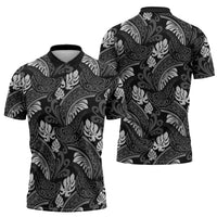 Grayscale Monstera Zipper Polo Shirt Polynesian Tribal Pattern LT01 - Polynesian Pride