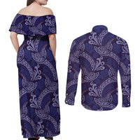 Deep Blue Monstera Couples Matching Off Shoulder Maxi Dress and Long Sleeve Button Shirt Polynesian Tribal Pattern - Polynesian Pride