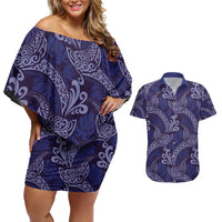 Deep Blue Monstera Couples Matching Off Shoulder Short Dress and Hawaiian Shirt Polynesian Tribal Pattern - Polynesian Pride