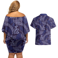 Deep Blue Monstera Couples Matching Off Shoulder Short Dress and Hawaiian Shirt Polynesian Tribal Pattern - Polynesian Pride