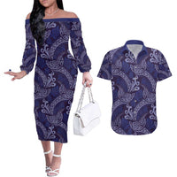 Deep Blue Monstera Couples Matching Off The Shoulder Long Sleeve Dress and Hawaiian Shirt Polynesian Tribal Pattern - Polynesian Pride