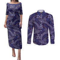 Deep Blue Monstera Couples Matching Puletasi and Long Sleeve Button Shirt Polynesian Tribal Pattern LT01 Blue - Polynesian Pride
