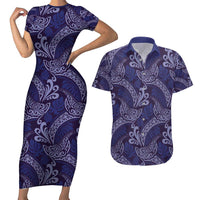 Deep Blue Monstera Couples Matching Short Sleeve Bodycon Dress and Hawaiian Shirt Polynesian Tribal Pattern LT01 Blue - Polynesian Pride