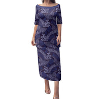 Deep Blue Monstera Family Matching Puletasi and Hawaiian Shirt Polynesian Tribal Pattern LT01 Mom's Dress Blue - Polynesian Pride
