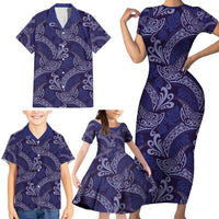 Deep Blue Monstera Family Matching Short Sleeve Bodycon Dress and Hawaiian Shirt Polynesian Tribal Pattern - Polynesian Pride