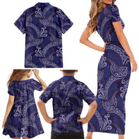 Deep Blue Monstera Family Matching Short Sleeve Bodycon Dress and Hawaiian Shirt Polynesian Tribal Pattern - Polynesian Pride