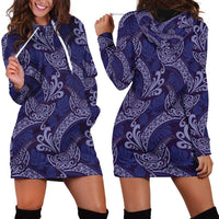 Deep Blue Monstera Hoodie Dress Polynesian Tribal Pattern LT01 - Polynesian Pride