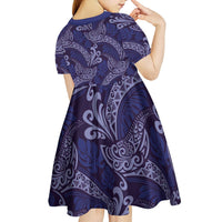 Deep Blue Monstera Kid Short Sleeve Dress Polynesian Tribal Pattern LT01 - Polynesian Pride