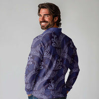 Deep Blue Monstera Long Sleeve Polo Shirt Polynesian Tribal Pattern LT01 - Polynesian Pride