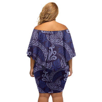 Deep Blue Monstera Off Shoulder Short Dress Polynesian Tribal Pattern LT01 - Polynesian Pride