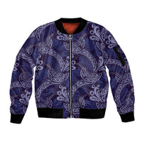 Deep Blue Monstera Sleeve Zip Bomber Jacket Polynesian Tribal Pattern - Polynesian Pride