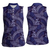 Deep Blue Monstera Women Sleeveless Polo Shirt Polynesian Tribal Pattern LT01 - Polynesian Pride