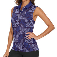 Deep Blue Monstera Women Sleeveless Polo Shirt Polynesian Tribal Pattern LT01 - Polynesian Pride