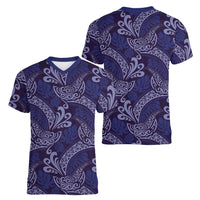 Deep Blue Monstera Women V-Neck T-Shirt Polynesian Tribal Pattern LT01 - Polynesian Pride