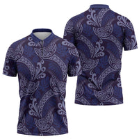 Deep Blue Monstera Zipper Polo Shirt Polynesian Tribal Pattern LT01 - Polynesian Pride