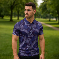 Deep Blue Monstera Zipper Polo Shirt Polynesian Tribal Pattern LT01 - Polynesian Pride
