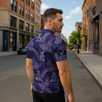 Deep Blue Monstera Zipper Polo Shirt Polynesian Tribal Pattern LT01 - Polynesian Pride