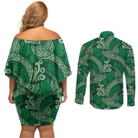 Forest Green Monstera Couples Matching Off Shoulder Short Dress and Long Sleeve Button Shirt Polynesian Tribal Pattern - Polynesian Pride