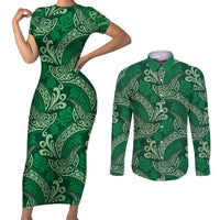 Forest Green Monstera Couples Matching Short Sleeve Bodycon Dress and Long Sleeve Button Shirt Polynesian Tribal Pattern LT01 Green - Polynesian Pride