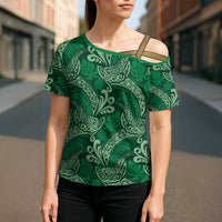 Forest Green Monstera Cross Shoulder Shirt Polynesian Tribal Pattern LT01 - Polynesian Pride