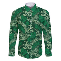 Forest Green Monstera Family Matching Long Sleeve Bodycon Dress and Hawaiian Shirt Polynesian Tribal Pattern - Polynesian Pride
